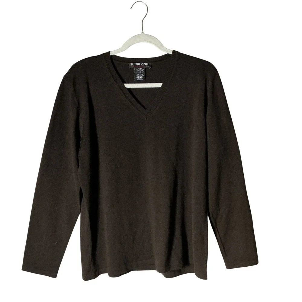 Kirkland Merino Wool V-Neck Sweater Mens XL Brown Italian Knit Classic Luxury